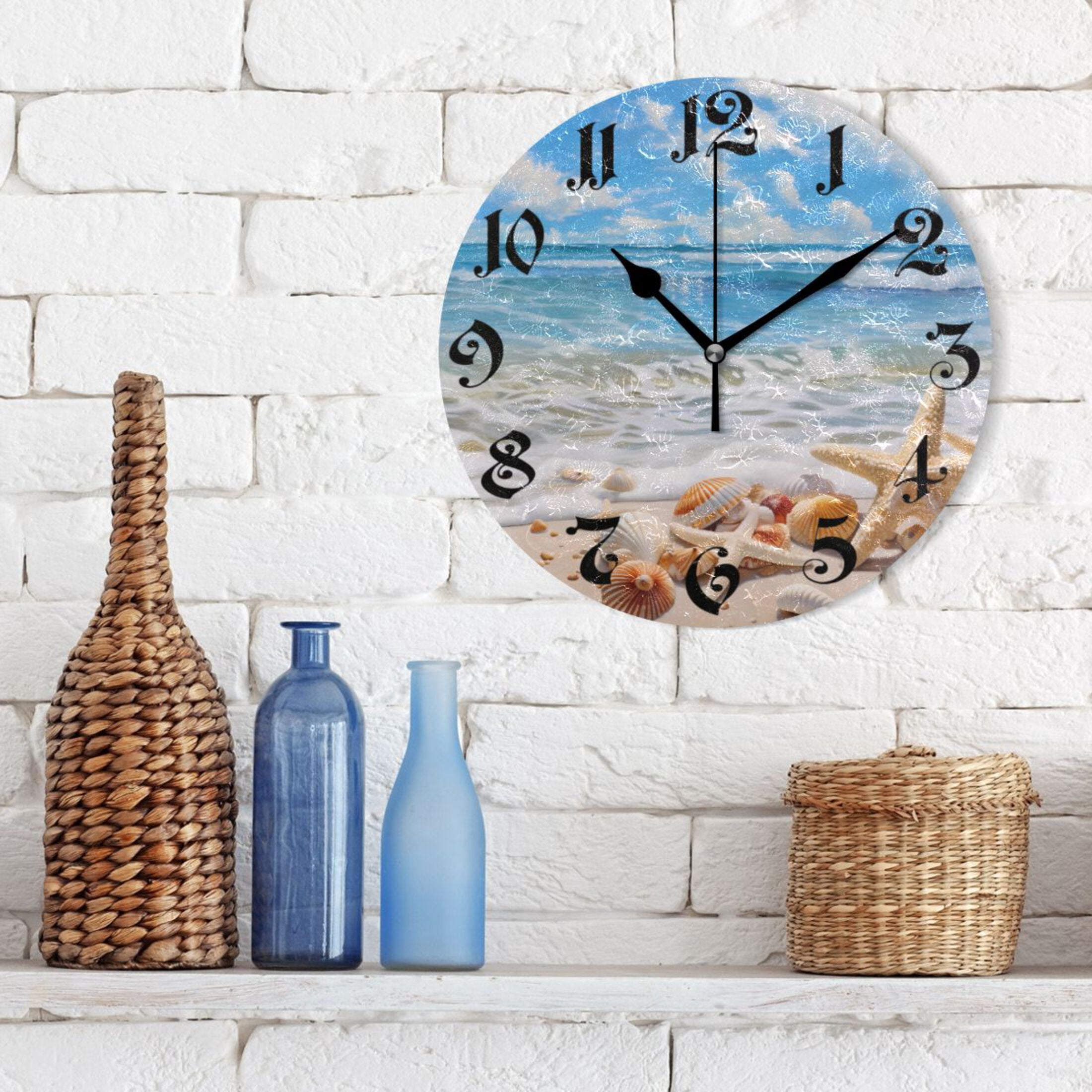 Silent Wall Clock Seastar Seashell on Beach 10" Non-Ticking Battery Clock Rustic Retro Home Decorative for Living Room Kitchen Bathroom