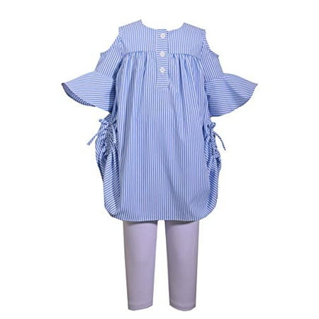 Bonnie Jean Little Girls Blue and White Striped Cold Shoulder Tunic Top with Matching Capri Pants Set (2T)