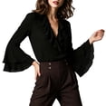 thumbnail image 2 of ClodeEU Women's V Neck Bell Long Sleeve Chiffon Top with Ruffle Hem,Casual Pullover Blouse ,Women's Plus L, 2 of 5