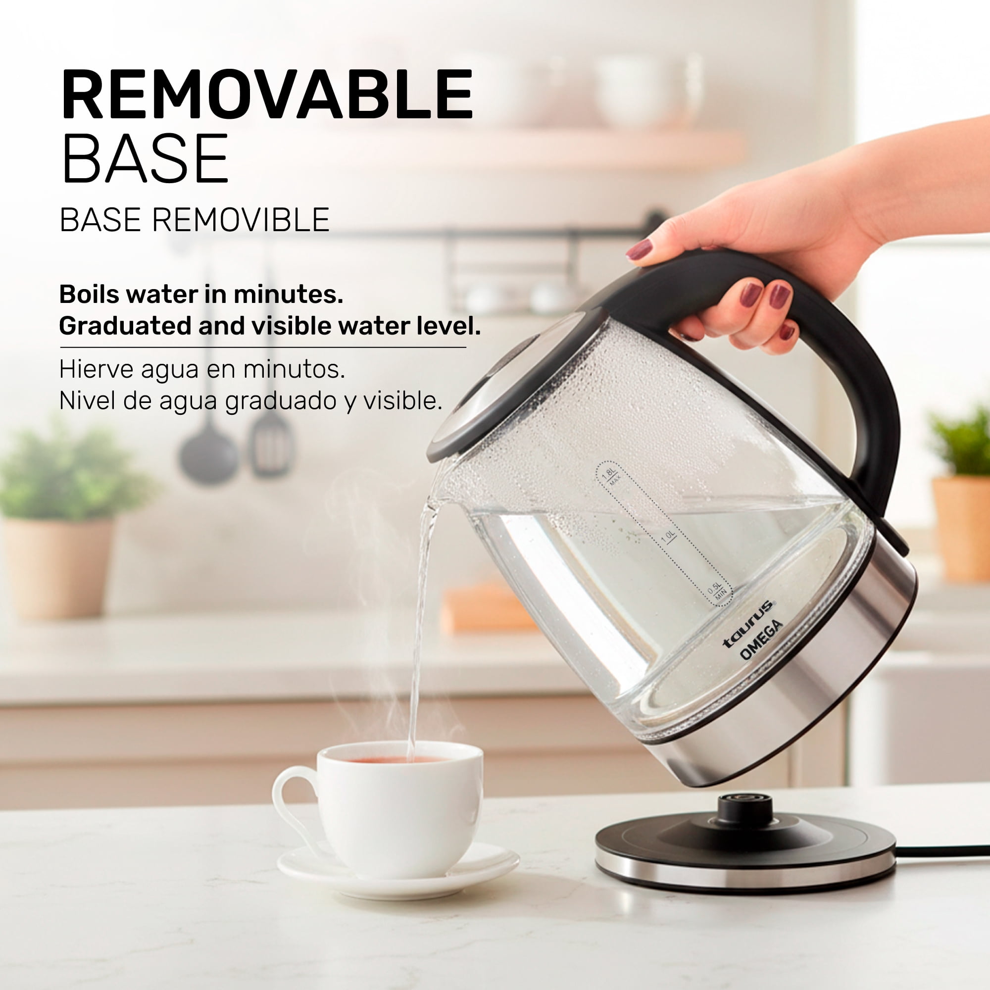 Taurus 1.8L Cordless Glass Electric Kettle with Borosilicate Body, 360° Swivel Base, Fast Boil, Auto Shut-Off – BPA-Free, for Tea, Coffee & Instant Meals