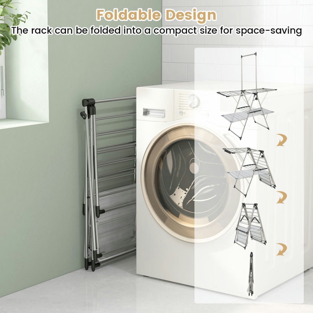 Finihen Drying Rack, Clothes Drying Rack, Large Foldable Clothes Drying Rack with Tall Hanging Bar, for Indoor, Outdoor, Silver Finihen Drying Rack, Clothes Drying Rack, Large Foldable Clothes Drying Rack with Tall Hanging Bar, for Indoor, Outdoor, Silver