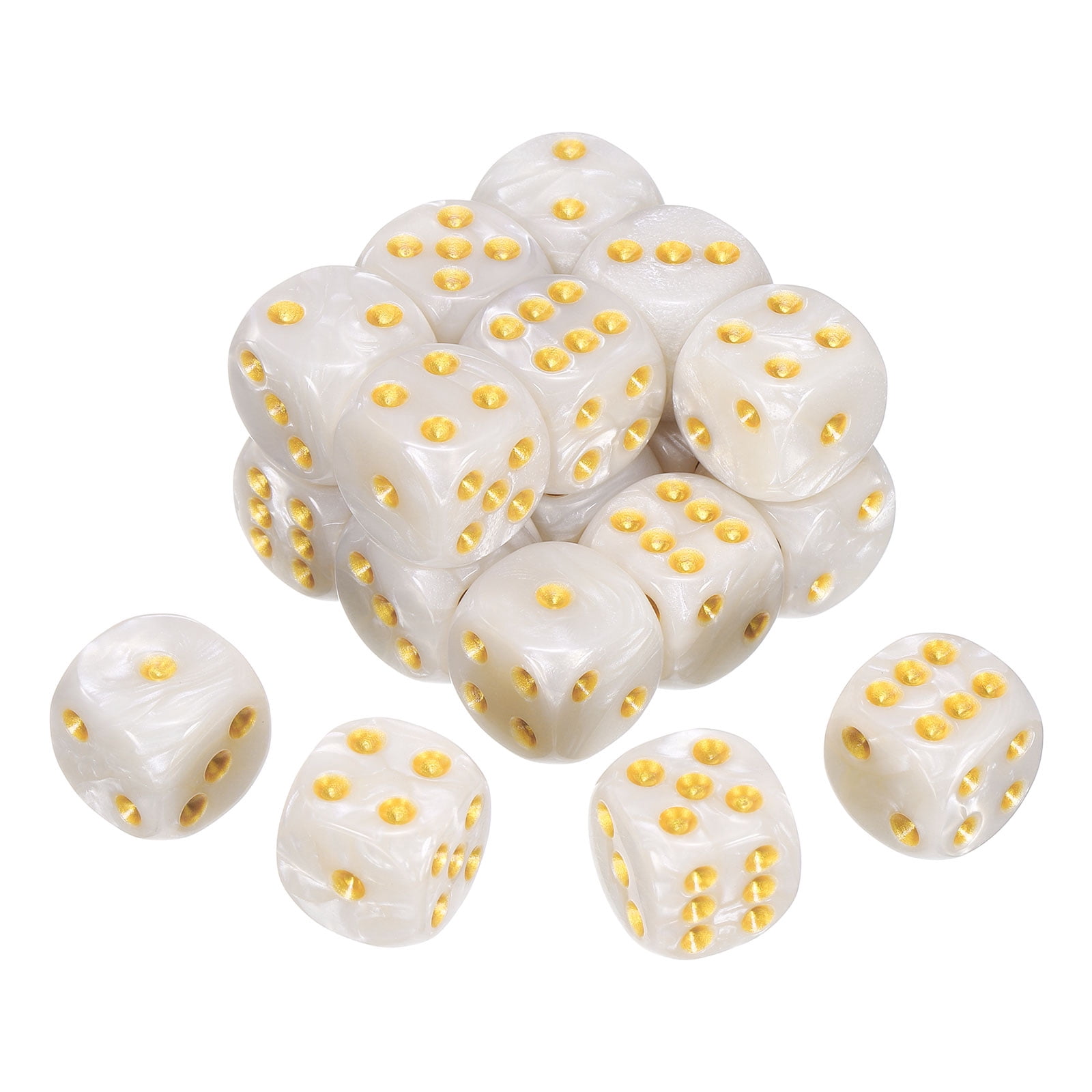 uxcell Lot de 20 dés standard colorés à 6 faces, 16 mm en acrylique D6, mini dés polyédriques motif perle bicolores, jeu de dés pour jeux de table, noir/doré, point blanc