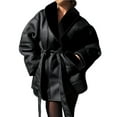 thumbnail image 2 of Female Faux Leather Jacket with Faux Fur Collar, Winter Long Sleeve Furry Trim Peplum Parka Coat with Belt Black L, 2 of 7