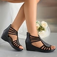 thumbnail image 4 of Avrnliq Womens Rhinestone Embellished Gladiator Sandals, Strappy Wedge Open Toe Sandals with Side Zipper, Comfortable PU Faux Leather Black Dressy Casual Sandals for Summer,Size 40, 4 of 7
