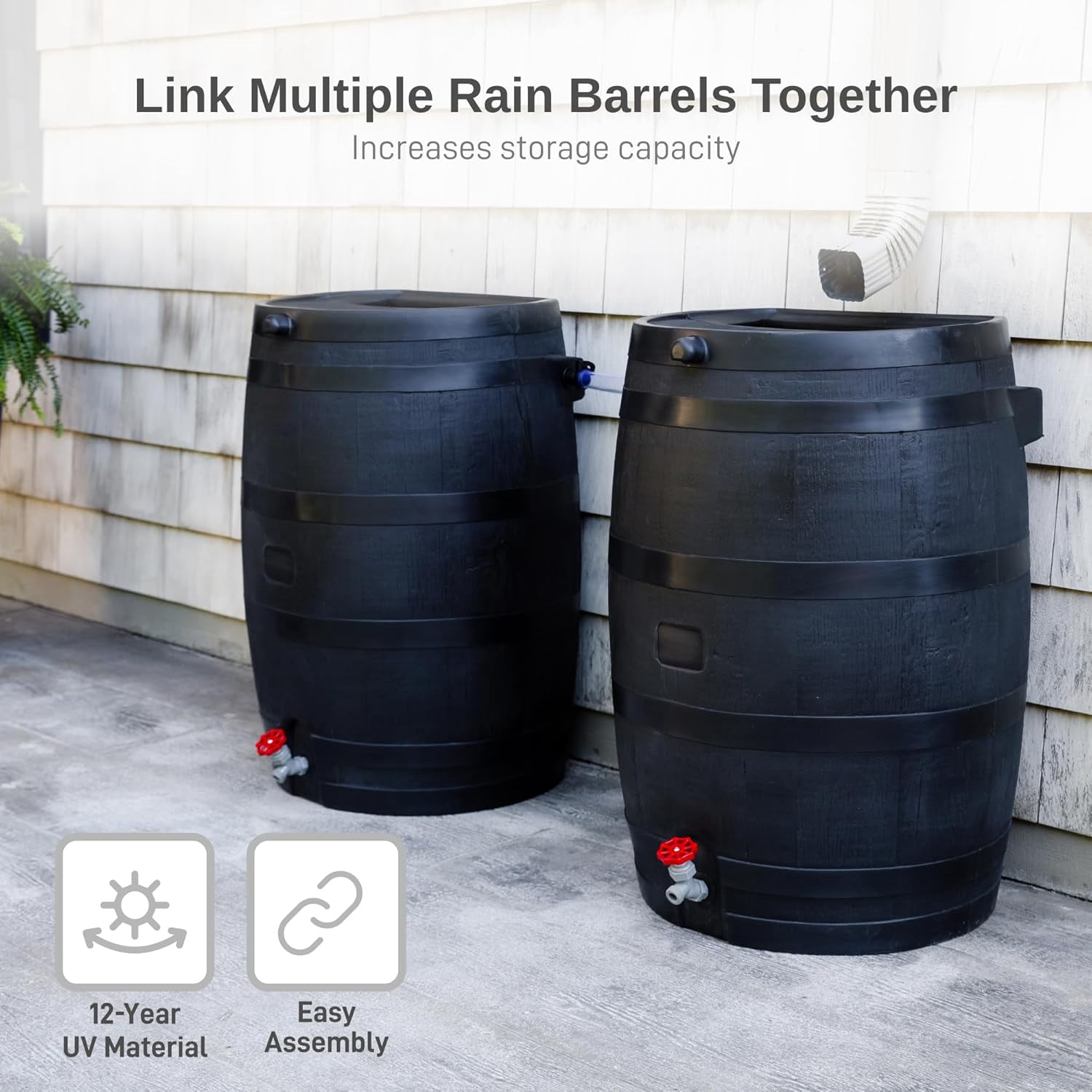 RTS Home Accents 50-Gallon ECO Rain Barrel, 100% Recycled Plastic Flat Back Rain Water Collection Barrel, Black