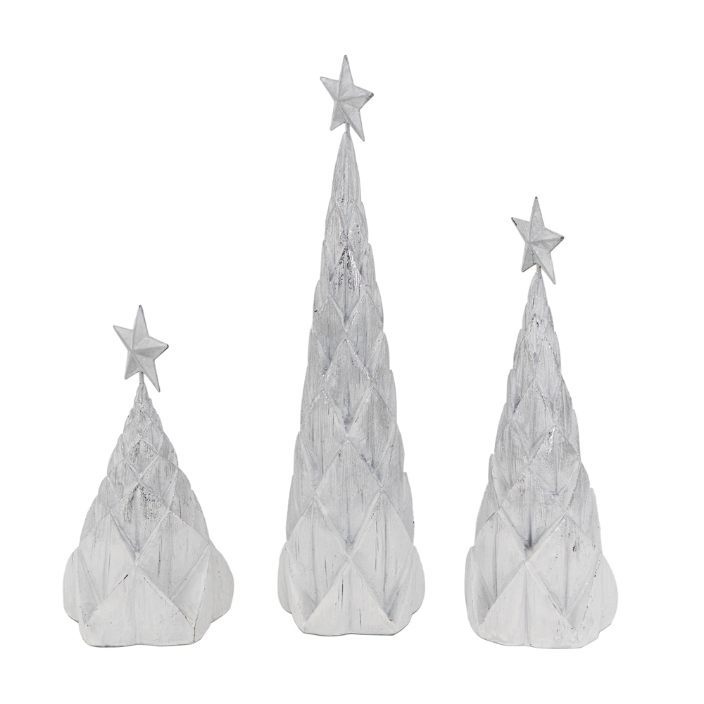 Set of 3 White Polyresin Christmas Trees Silver Foil Finish Star Toppers Tabletop Holiday Decor