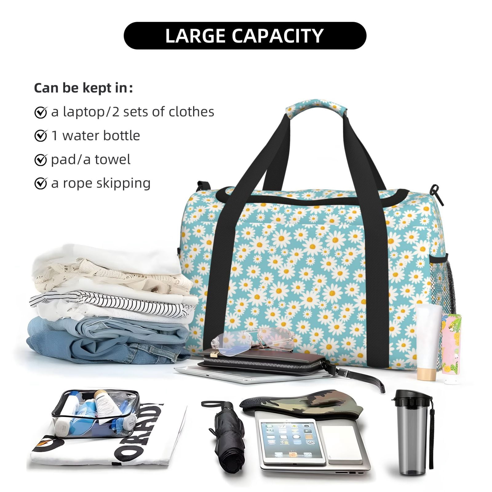 Fuzoiu Daisy Floral A Print Travel Duffle Bag,Carry On Tote Bags,Duffel Bag,Sport Gym Bag, Hospital Bag for Labor and Delivery, Overnight Bag,Luggage Bag