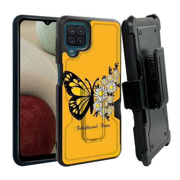 ANJ  Rugged Dual Layer Shockproof Holster Case w/Card Slot, Kickstand   Tempered Glass for Samsung Galaxy A12 - Daisy Butterfly