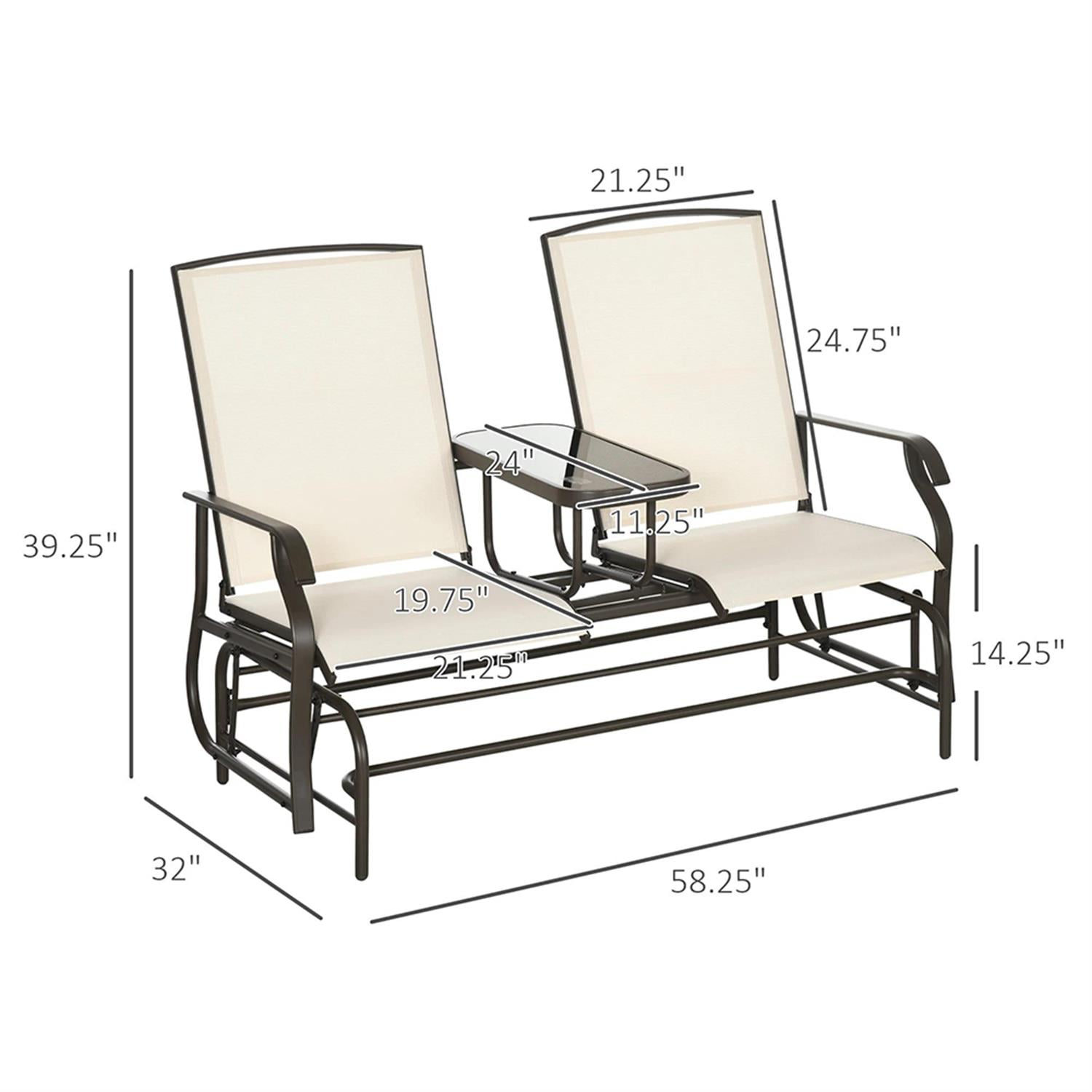 Demi Bonn Outdoor Glider Chairs with Center Table, Metal Frame Patio Loveseat Bench with Breathable Mesh Fabric and Armrests for Backyard Garden Porch, Beige