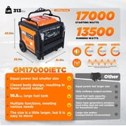 GENMAX 17000W Peak Tri-Fuel Inverter Generator, 2-Wire Auto Start Stop, Ultra Quiet with CO Sensor, Dual 50A Outlets, EPA Certified for Home Backup & Construction