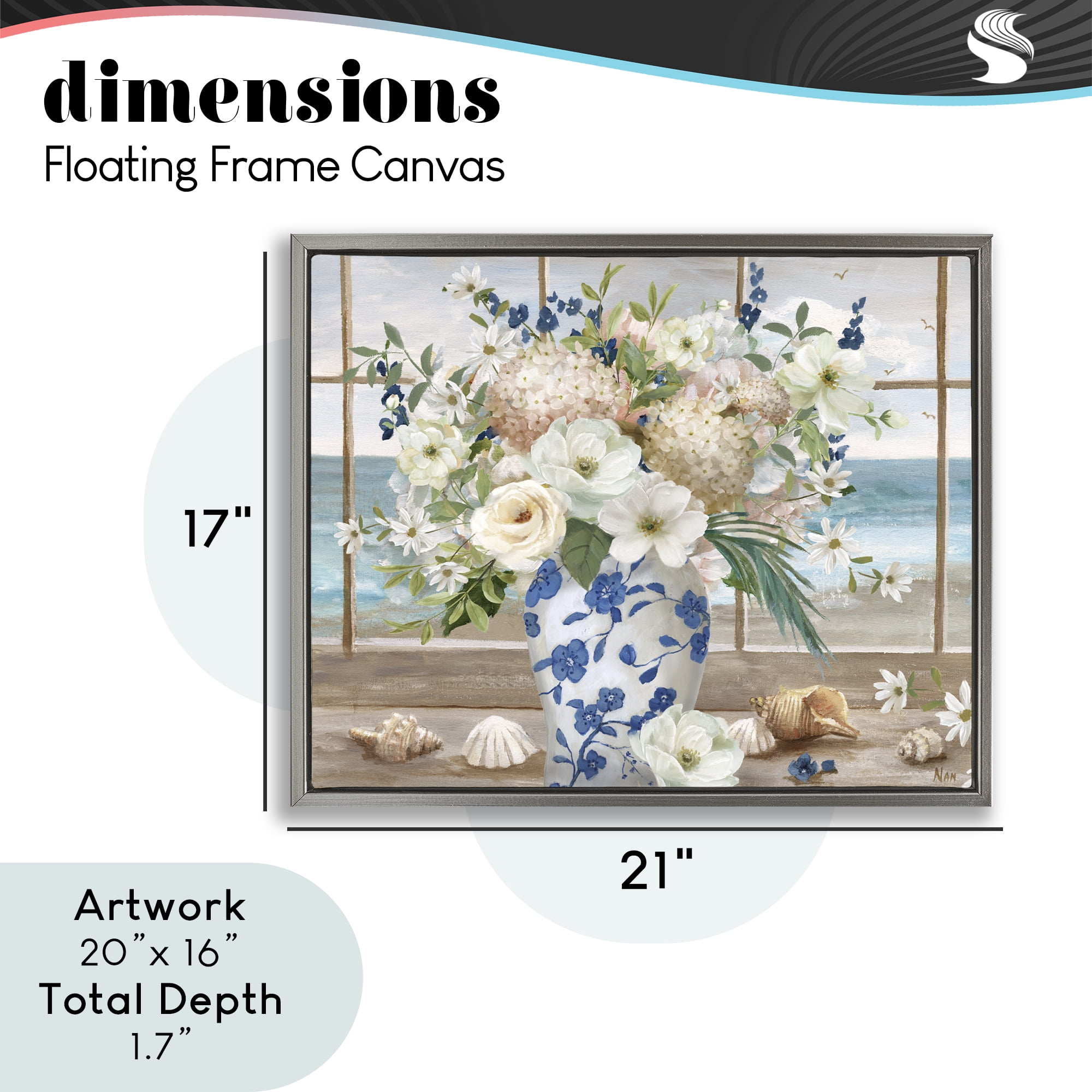 Stupell Industries Seashells & Flowers Windowsill Gray Framed Floater Canvas Wall Art, design by Nan