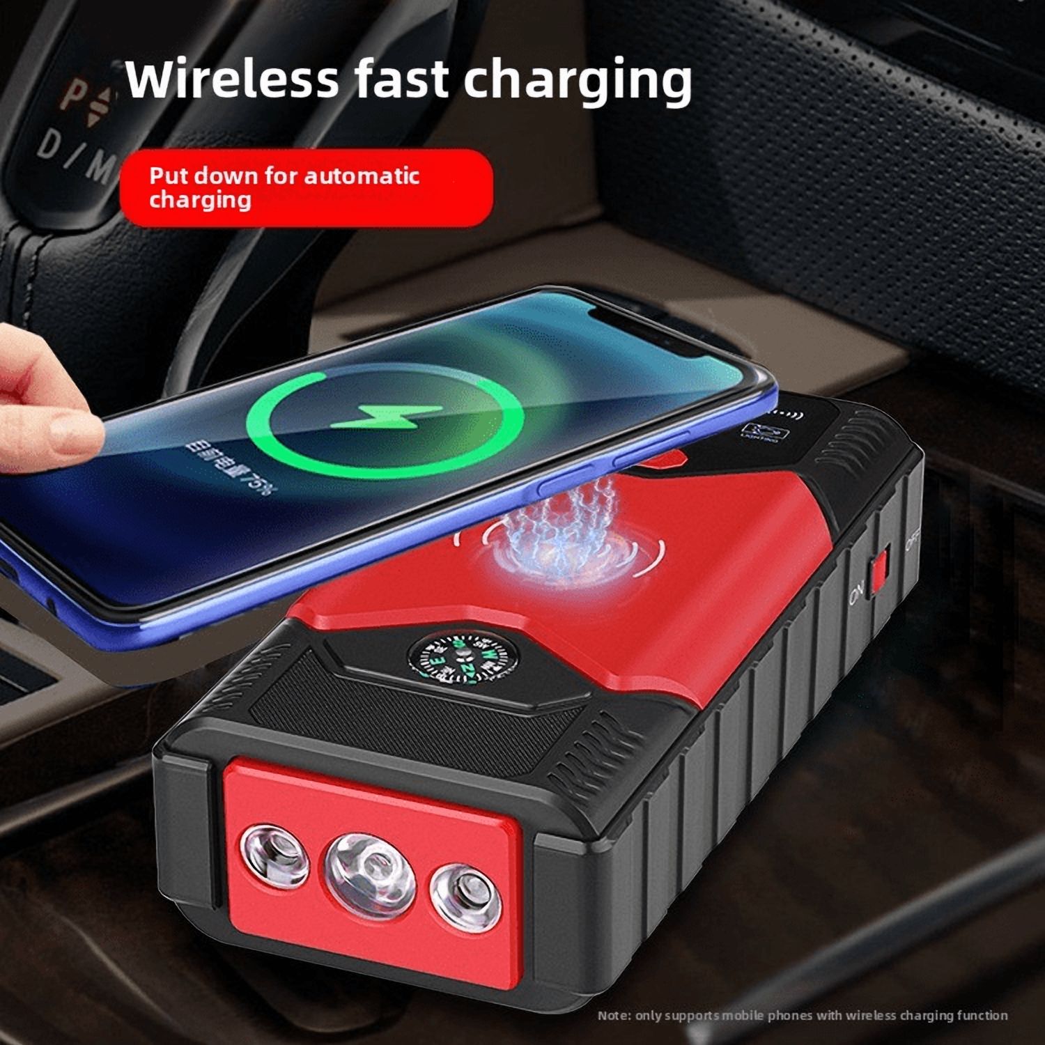 99800mAh Car Battery Charger Portable Jump Starter with Air Compressor for 12V Vehicles LED Flashlight Power Bank Wireless Charging