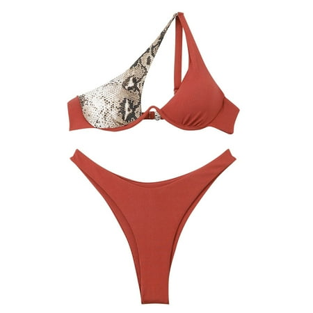 One Shoulder Swimsuits for Women 2 Piece Bathing Suit Underwire Bikini Top with Thong Bottoms Cheeky Swimwear  Red  L