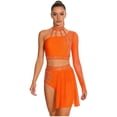 thumbnail image 1 of Runhomal Women's Two Pieces Lyrical Rhinestones Crop Top with Shorts Modern Dance Wear Orange XXL, 1 of 5