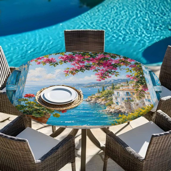 Summer Ocean Coastal Floral Round Fitted Tablecloth with Elastic Edge,Waterproof Table Cloth Fits 45"-54" Tables,Wipeable Washable Table Cover for Indoor Outdoor Dinning Party,Seaside Vintage Country