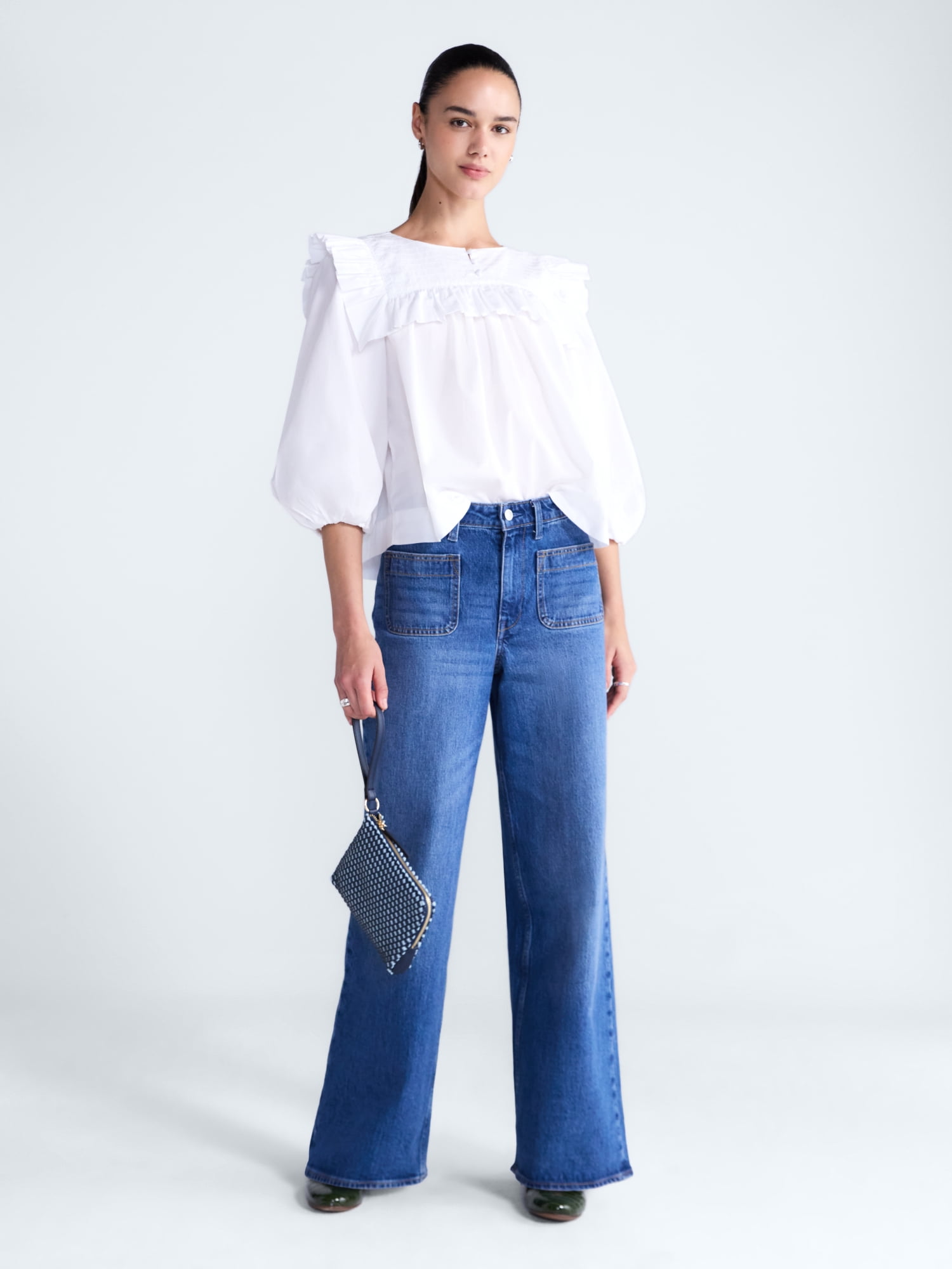 Free Assembly Women's and Women's Plus Ruffle Yoke Cotton Top with Puff Sleeves, Sizes XS-4X