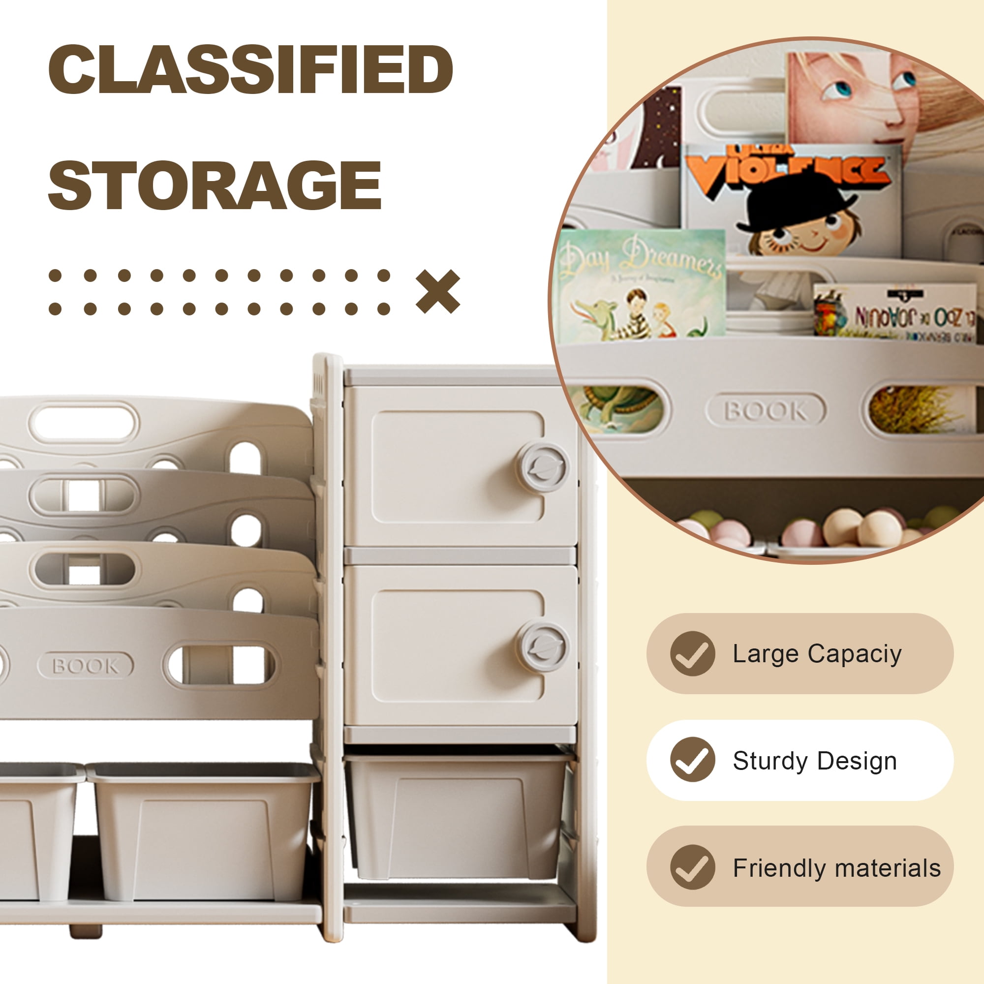 Kids Toy Storage Organizer 8 storage cabinet Removable Toy Bins, 4-Tier Book organizers Storage and 2 cabinet storage