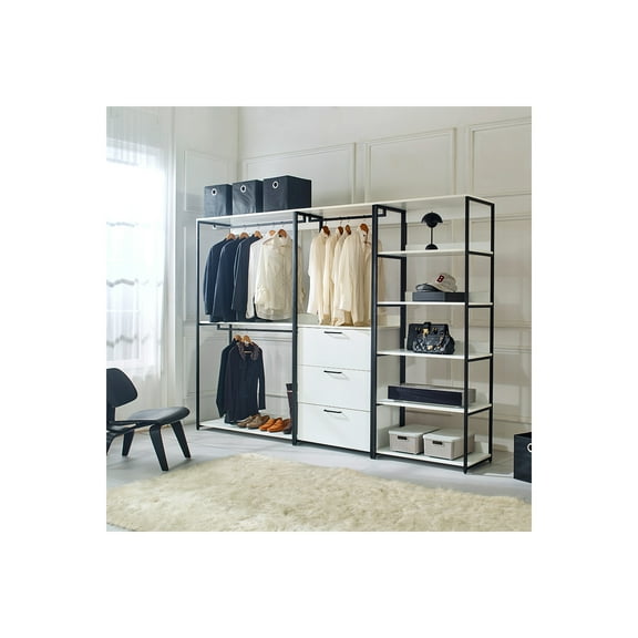 Klair Living Fiona 111 in. W White Freestanding 3 Tower System 7 -Shelf Walk in Wood Closet System with Metal Frame