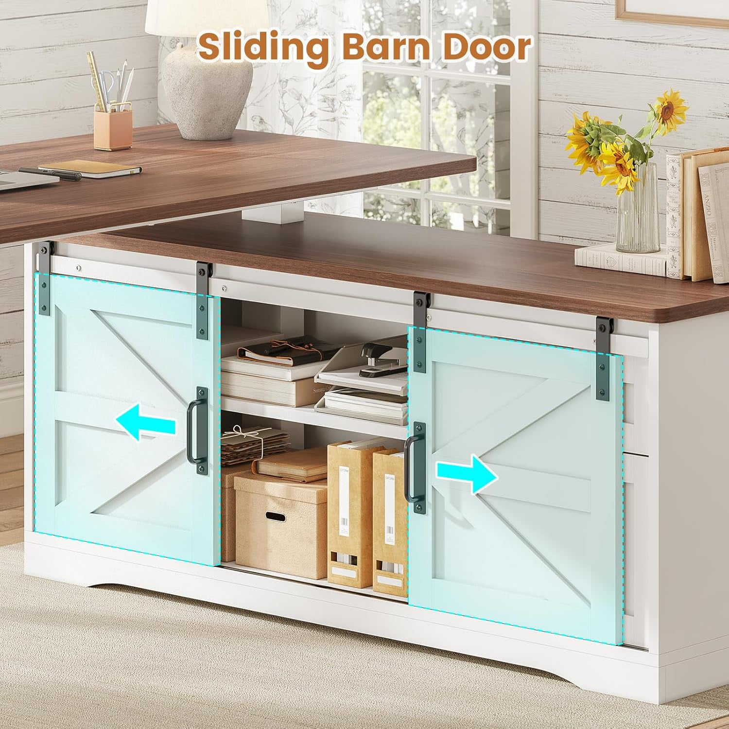 SEDETA Farmhouse L Shaped Standing Desk, 55 inch Height Adjustable Corner Desk with Storage Drawers, Standing Computer Desks with Power Outlets for Home Office, Elegant Computer Desk, White