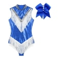 thumbnail image 4 of TiaoBug Women Metallic Latin Dance Leotard Fringe Cheerleading Uniform Outfits With Headwear Blue S, 4 of 7