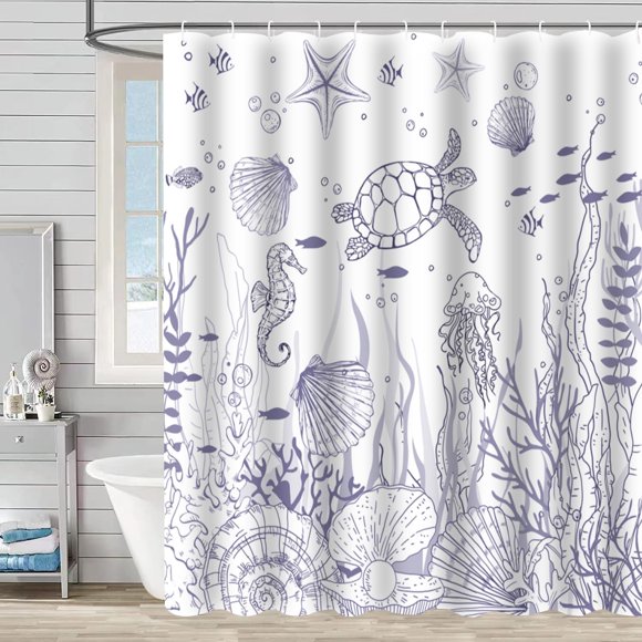 ABDFHE-Nautical Coastal Turtle Shower Curtain, Coral Starfish Seashell Ocean Themed Bathroom Curtain, Underwater Seahorse Bathroom Decor Blue 72 x 72 inch