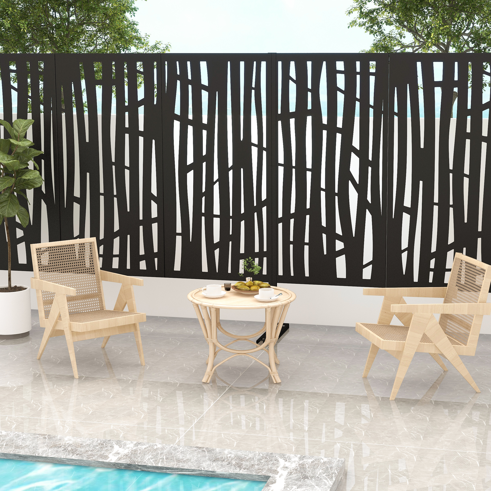 MAYEERTY 72×47" Outdoor Black Metal Privacy Panel Screen for Backyard & Garden, Geometric Vine and Thorn Pattern