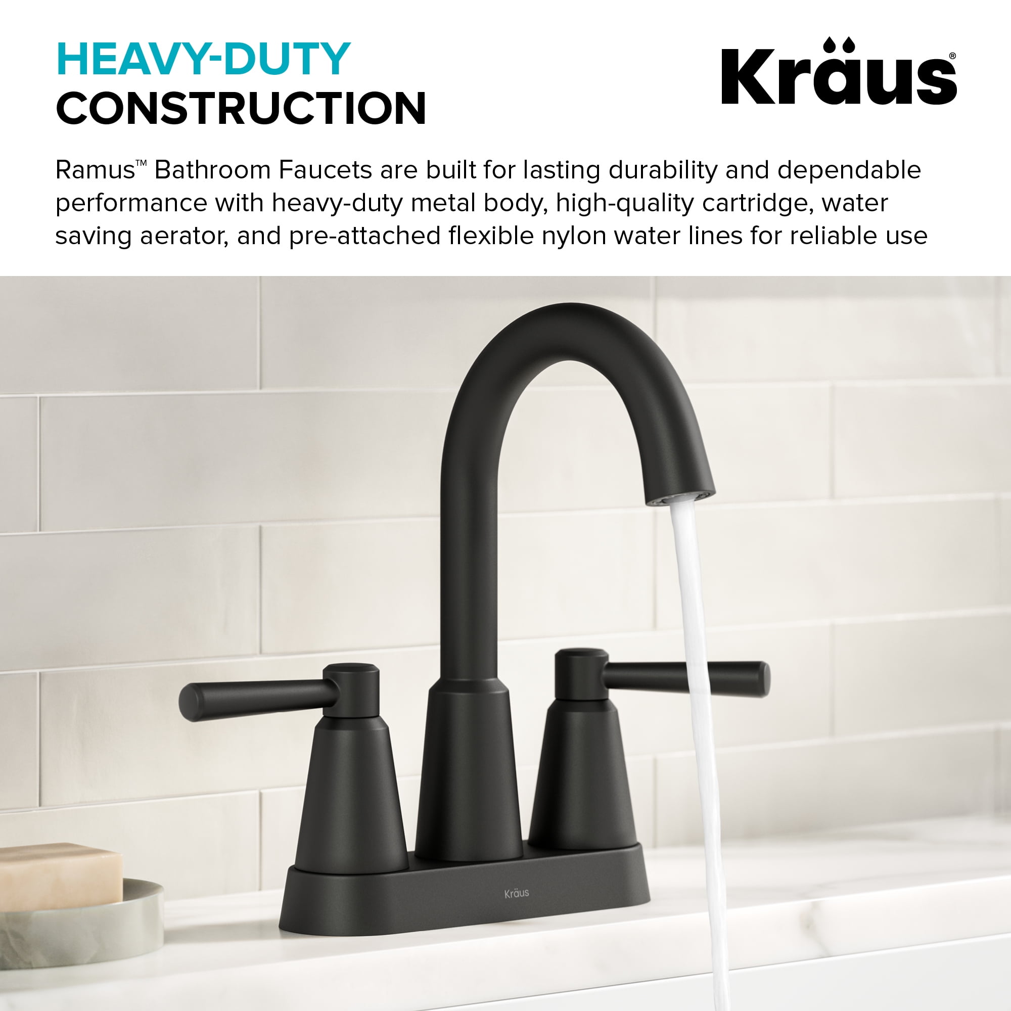 KRAUS Ramus 2-Handle 4-inch Centerset Bathroom Faucet in Matte Black with Pop Up Drain and Supply Lines