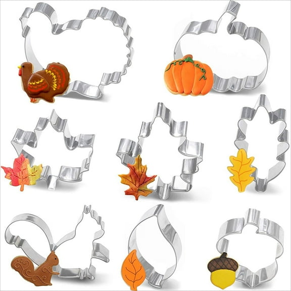 8Pcs Fall Thanksgiving Cookie Molds Cutters Set Autumn Season Cookie Molds Stainless Steel Pumpkin Turkey Maple Leaf Oak Leaf Squirrel and Cutters