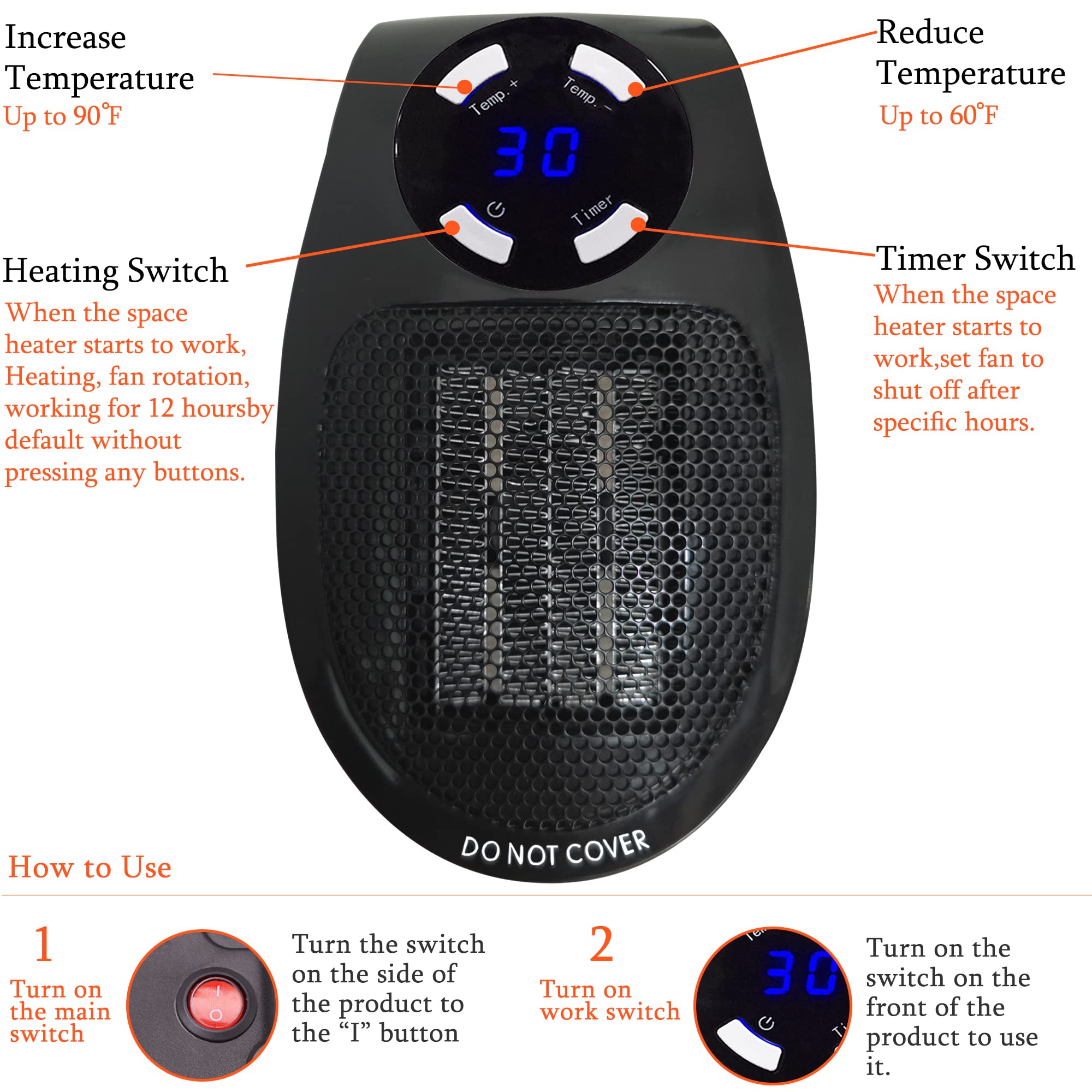 Space Heater,Portable Wall outlet Space Heater with Thermostat and Timer  and Led Display,500 W Safe and Quiet Ceramic Heater Fan, Compact for Office  Dorm Room. (Black) - Walmart.com