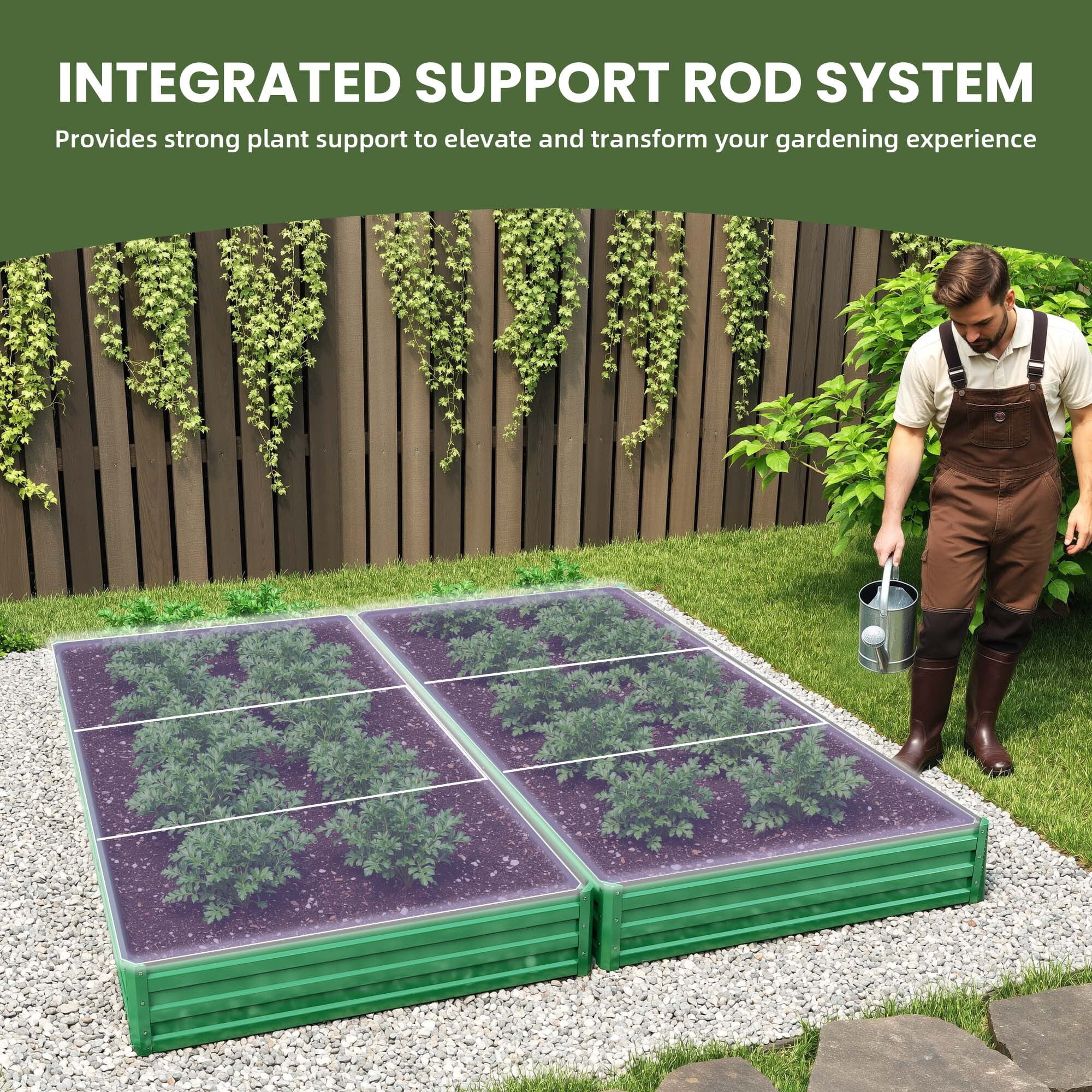 Uforic 2PCS 8X4X1FT Galvanized Raised Garden Bed Kit with Gardening Gloves, Safety Rubber & Support Rod, Outdoor Large Metal Planter Box for Plants Vegetables Flowers, Green