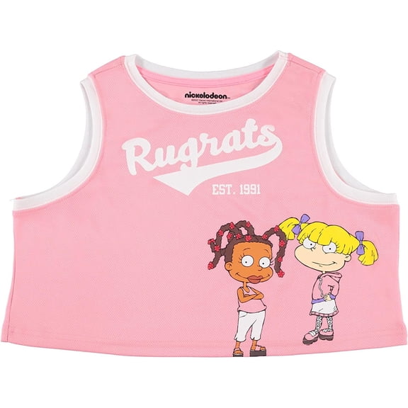 Nickelodeon Women's Tank Top Jersey, Classic Cartoon Sleeveless Mesh Rugrats Jersey Pink White - L