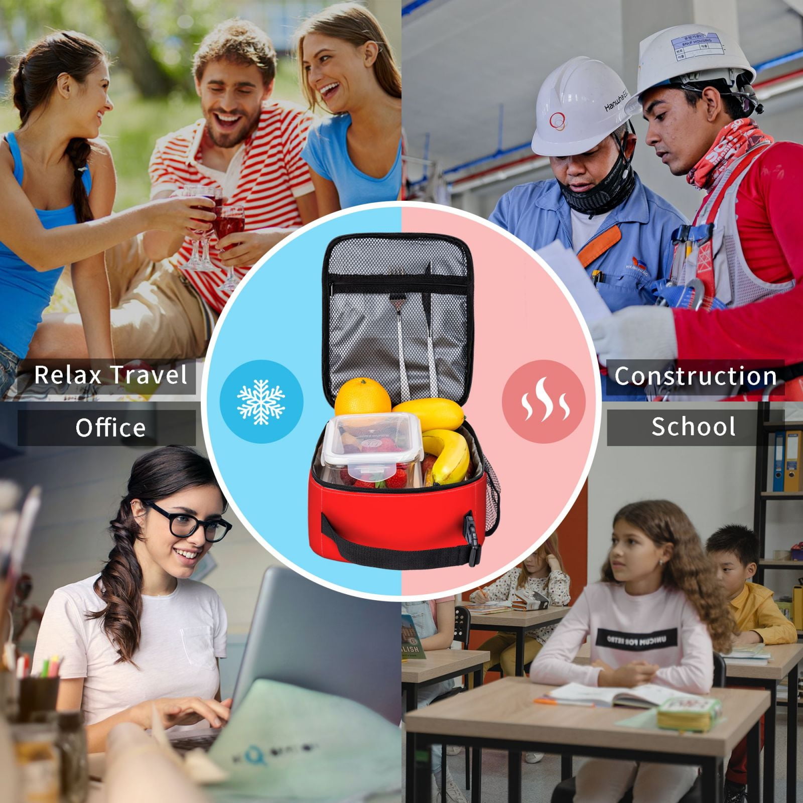 Lunch Bag For Women Men Insulated Portable Lunch Box Bento Box Office Picnic Travel Cooler Bag Red