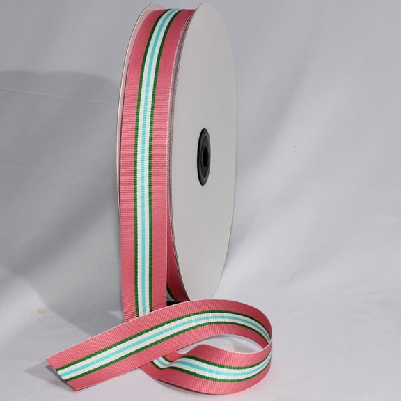 The Ribbon People Pink and Green Striped Woven Grosgrain Craft Ribbon 1" x 55 Yards