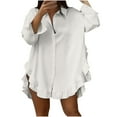 thumbnail image 2 of CQONEPT Womens Ruffle Shirts Casual Loose Fit Blouse Lapel Neck Long Sleeve Tops Rolled Up Tunic Tops White M, 2 of 6