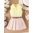 thumbnail image 2 of Kids Girls Skirt Set, Turn-down Collar Vest with Pleated Skirt and Belt Summer Outfit, 2 of 8
