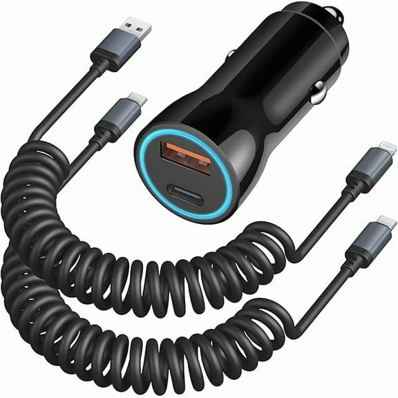 Car Charger for iPhone 16 15 14 13 12 11, [MFi Certified] 43W USB C Car Charger Adapter with 2-Pack Coiled Cables for iPhone 16/15/14/13/12/11 Pro Max Plus, Cigarette Lighter Adapter for iPhone 16