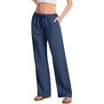 thumbnail image 2 of Women Cotton Linen Summer Palazzo Pants Drawstring Waist Wide Leg Lightweight Beach Trousers with Pockets, 2 of 10