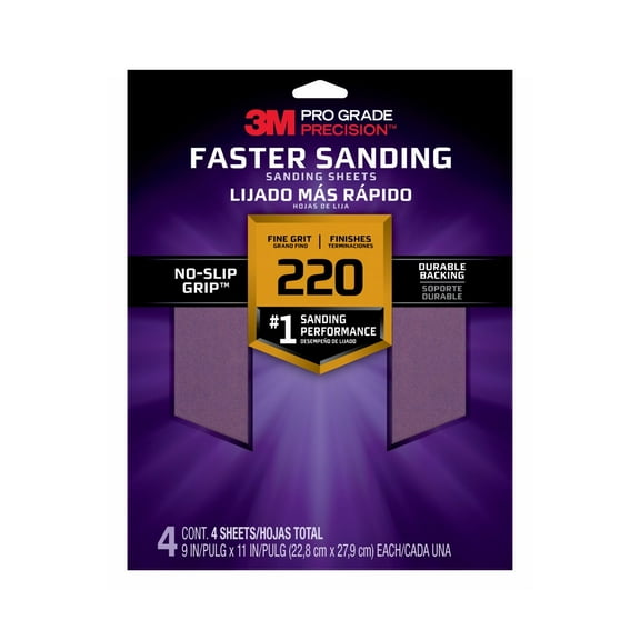 3M Pro Grade Precision Sandpaper, No-Slip Grip Backing, 9 in x 11 in, 220 Grit, 4 Sheets