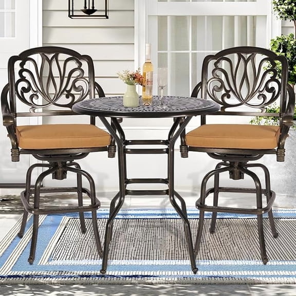 SOCIALCOMFY 3 Piece Patio Swivel Bar Set, All Weather Cast Aluminum High Swivel Bar Stools Chair Set of 2 and 35.4" High Bar Table W/Umbrella Hole, Outdoor High Stool Bistro Set for Garden Lawn Porch