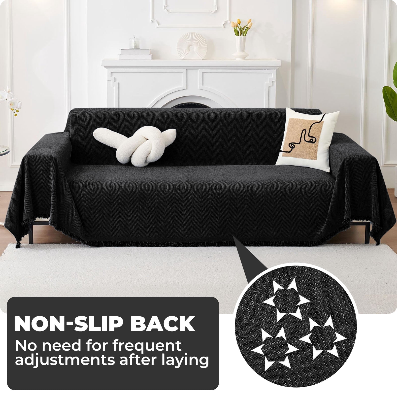 Sanmadrola Sofa Cover Non Slip Couch Cover for 3 Cushion Couch Machine Washable Furniture Protector for Dogs Pet Chenille Throw Slipcover Blanket for Living Room (Black, 71"x118")