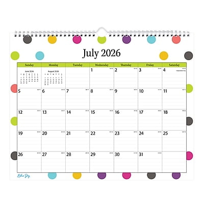 2026-2027 Blue Sky Wirebound Dots 12" x 15" Academic Monthly Wall Calendar, Assorted Colors (100340-A27)