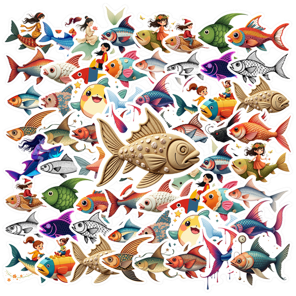 cartoon Fish Theme Stickers, Waterproof Fish Theme Sticker for Water Bottle Laptop Phone Cases Planner Skateboard Luggage Helmet Party Favor Decor, Ideal for Adults Teens Teacher Rewards