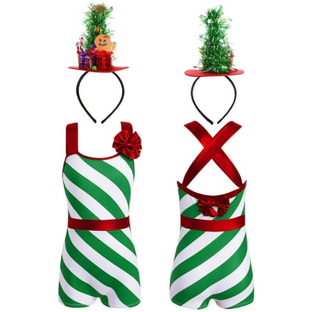 

iiniim Kids Girls Candy Cane Christmas Costume Stripe Xmas Dance Leotard Bodysuit with Hat