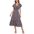 thumbnail image 2 of SAYOO - Vestido de gasa de manga corta para mujer, informal, con flores, cuello en V, cintura alta, línea A, de longitud media SAYOO Moda, 2 of 9