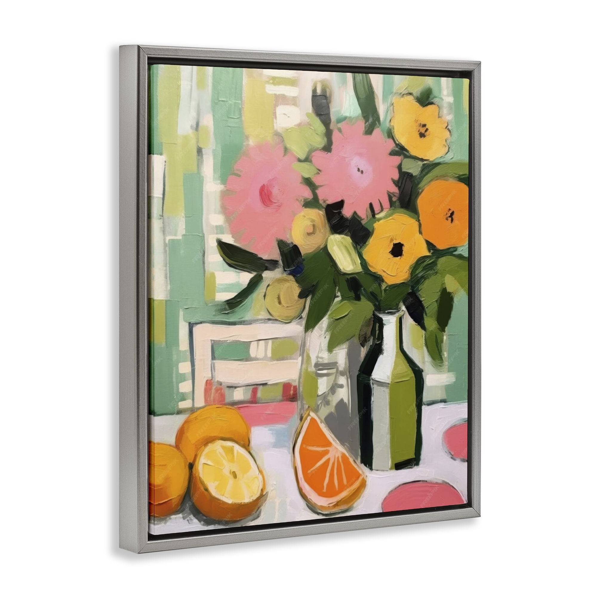 Stupell Industries Citrus Slices & Bouquet Food & Beverage Painting Gray Floater Framed Canvas Art Print Wall Art, 17 x 21