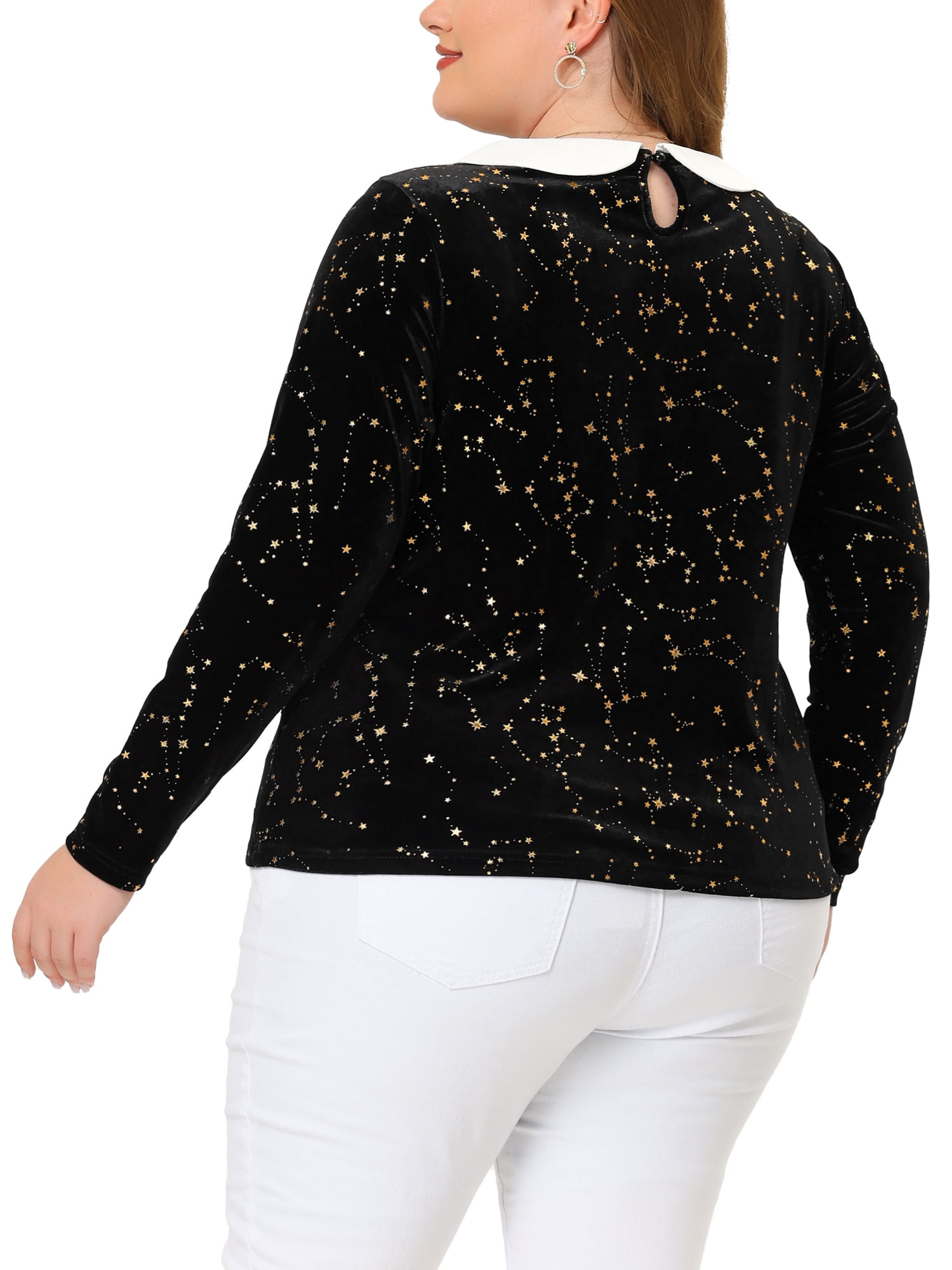 Unique Bargains Women's Plus Size Long Sleeve Peter Pan Collar Vintage Velvet Tops 4X Black