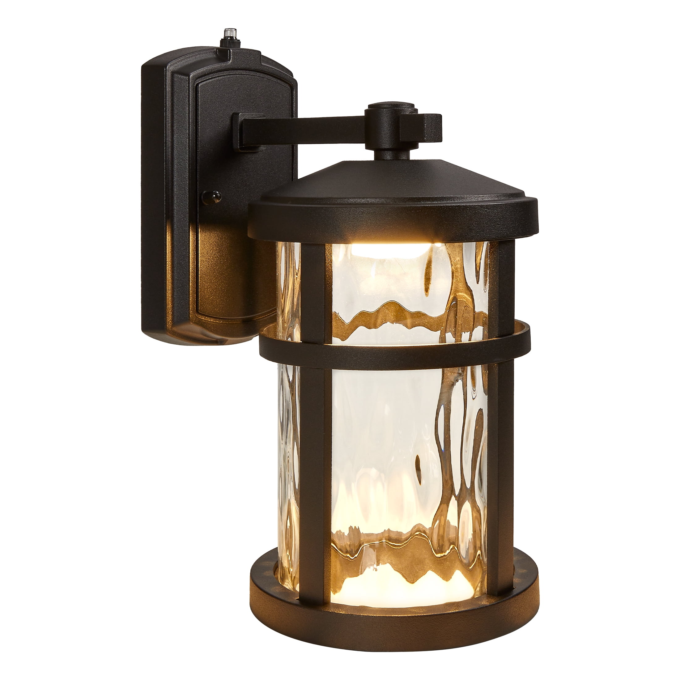 Maxxima LED Outdoor Wall Light, Black Finish, Clear Hammered Glass, Dusk to Dawn Sensor, 750 Lumens, 3000K Warm White