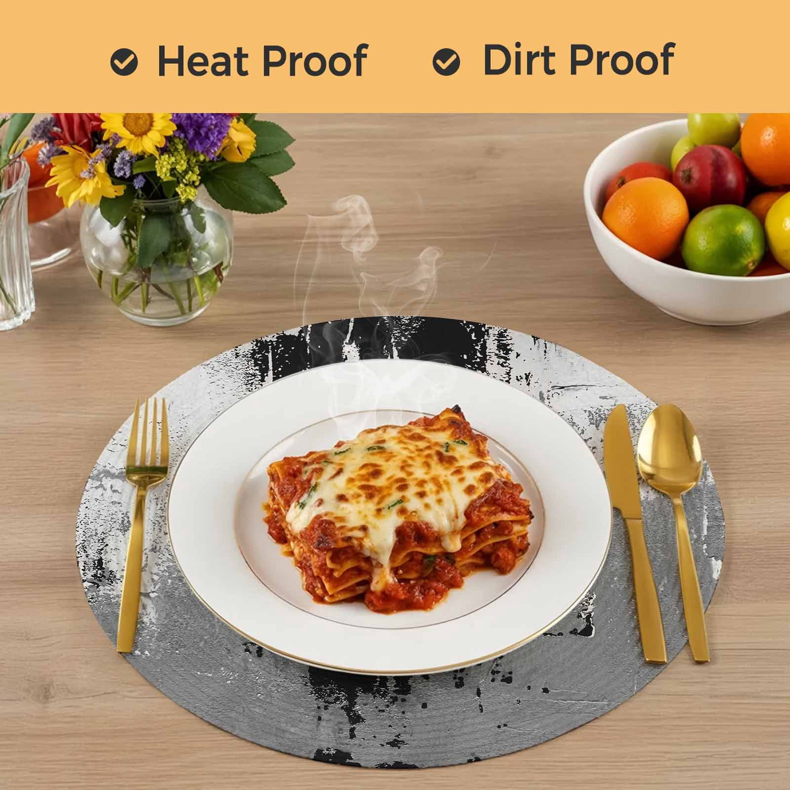 Black Cement Gray Round 15 Inch Placemats Set of 6, Modern Abstract Art Black HeatResistant Non Slip Place Mats for Dining Table, Wipeable Braided Kitchen Table Mats for Housewarming