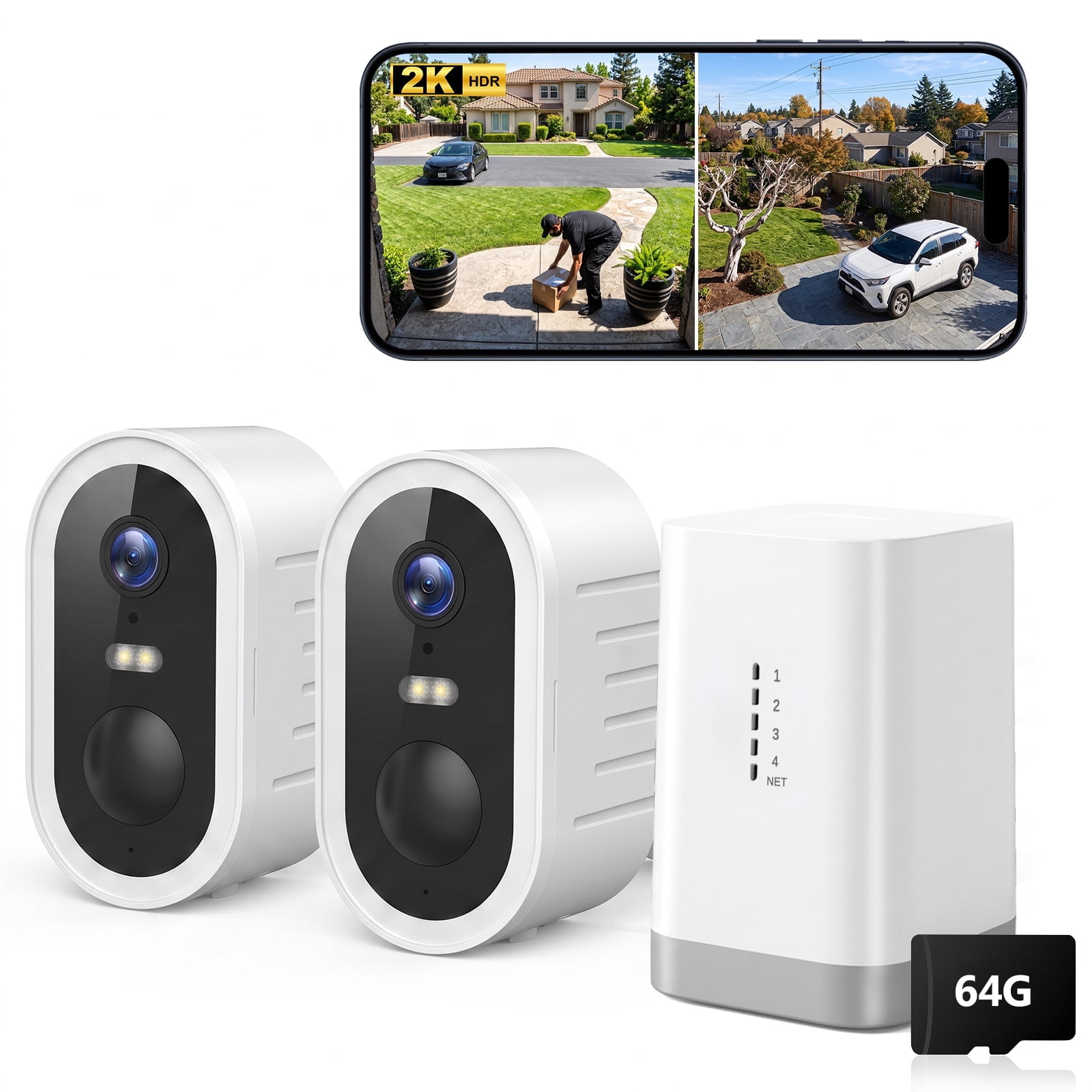 Jqimn Security Cameras Wireless Outdoor Home System, True 2K HD, Color Night Vision, Long Battery Life, Spotlight & Siren Alarm, Motion Detection, No Subscription Required, 2-Cam-Kit