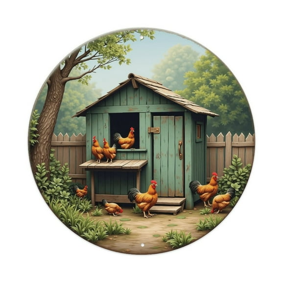 Vintage Wall Decor Chickens Farm Garden Wall Plaque Sign Round Metal Tin Sign Round Welcome Door Hanging, Suitable for Home Garden Kitchen Bar Cafe Restaurant Garage Wall Decor 8x8 Inch